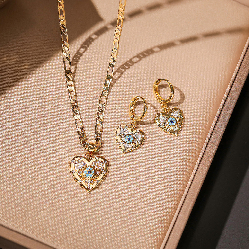 Copper Plated  Gold Heart-shaped Zircon Pendant Necklace And Earrings