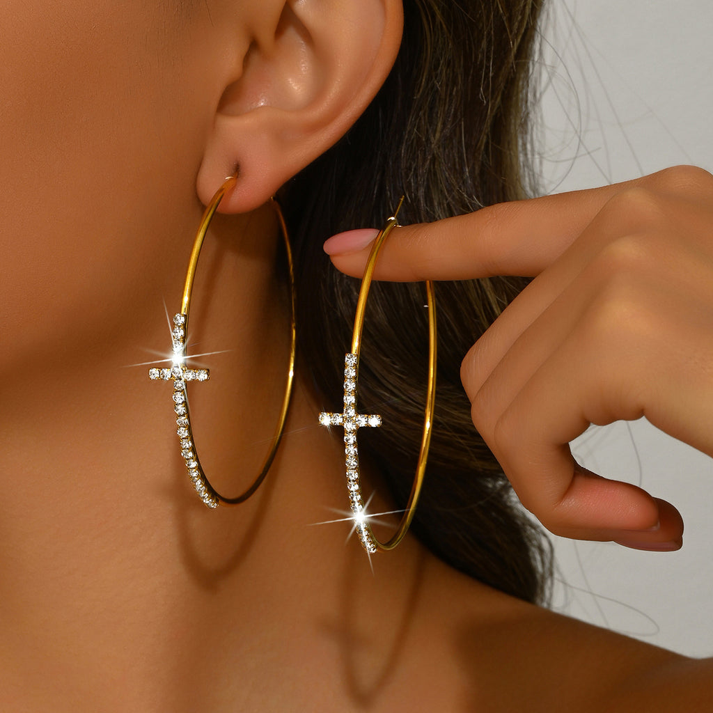 Exaggerated Rhinestone Cross Hoops
