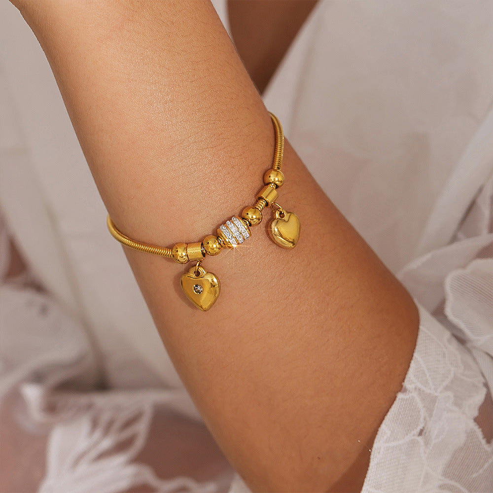 Double Heart Charm Soft Snake Chain Bracelet With Czech Rhinestones