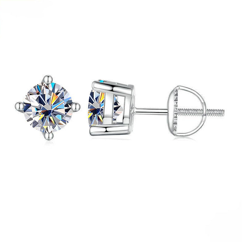 S925 Sterling Silver Green Four-claw Moissanite Screw Back Stud Earrings