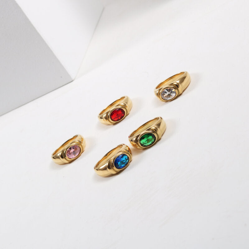 Multi-color Zircon Ring With Titanium Steel And Gold Plating