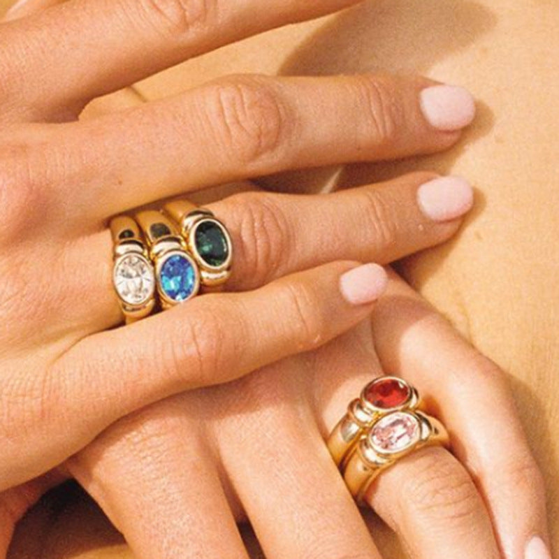 Multi-color Zircon Ring With Titanium Steel And Gold Plating