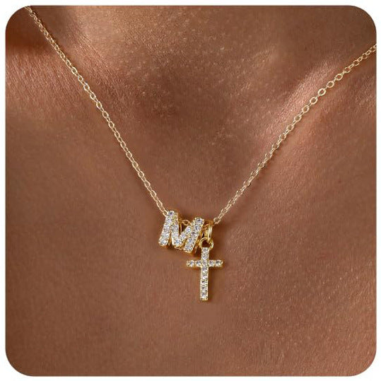 Zircon Inlaid 26 Letter Cross  Necklace