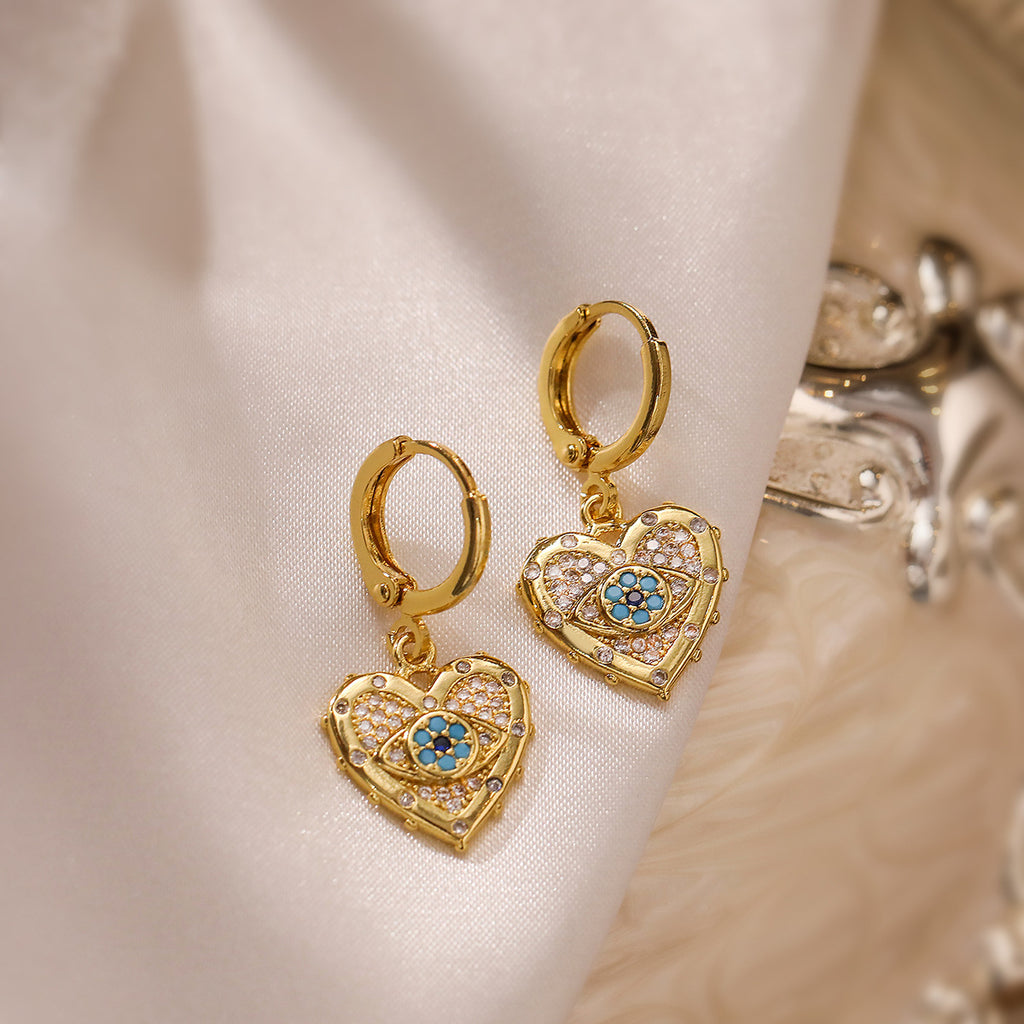Copper Plated  Gold Heart-shaped Zircon Pendant Necklace And Earrings