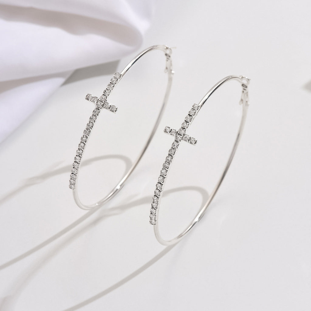 Exaggerated Rhinestone Cross Hoops