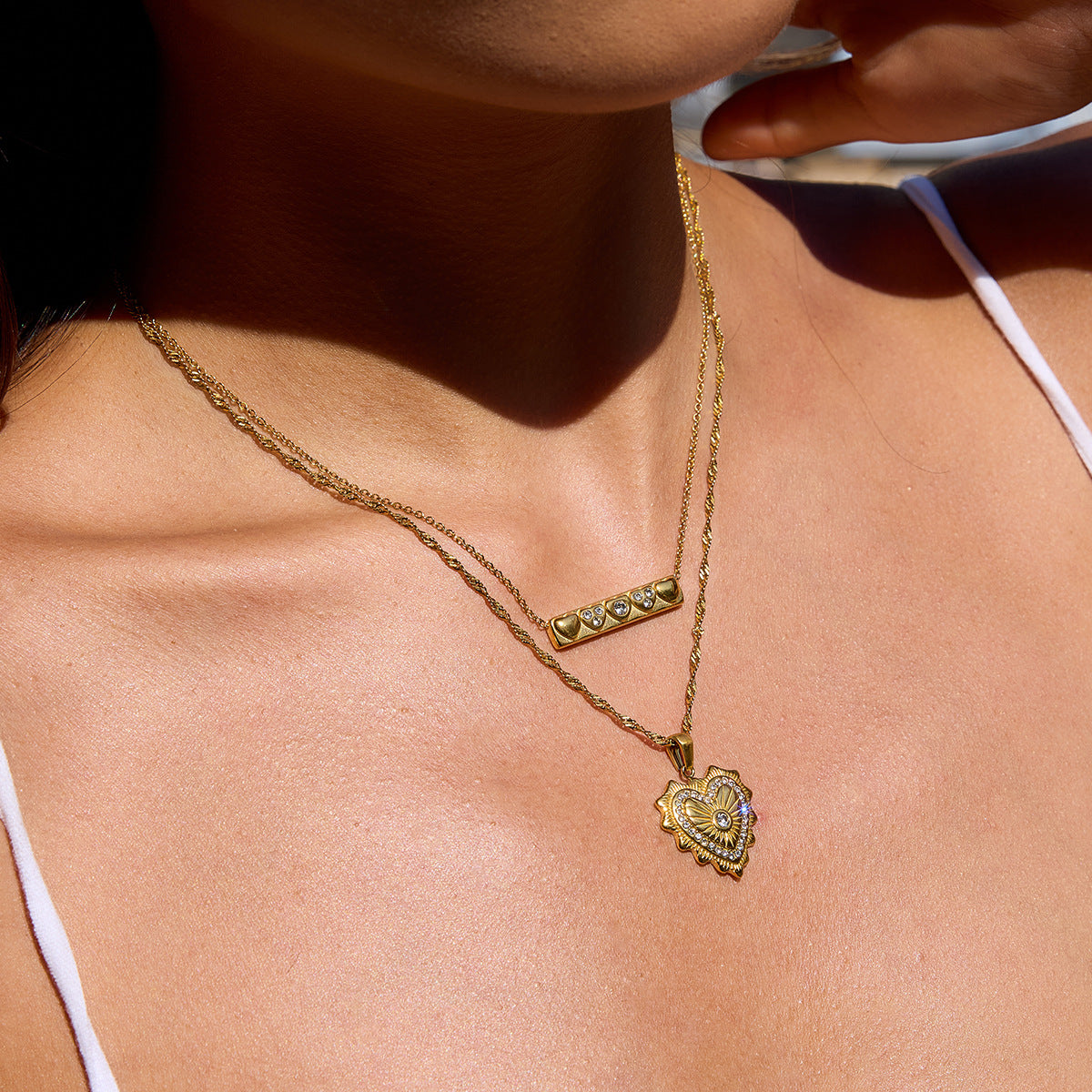 18K Gold Stainless Steel Necklace With White Diamond Heart And Square Pendant