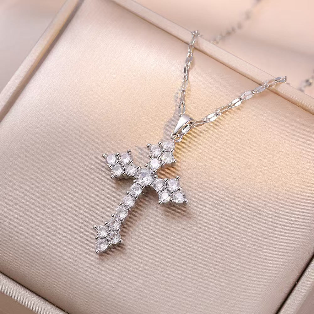 Zircon-Encrusted Cross Pendant And Zircon Chain