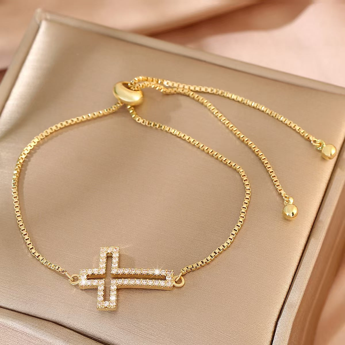 Fashionable Copper Bracelet With Full Diamond Cross Design