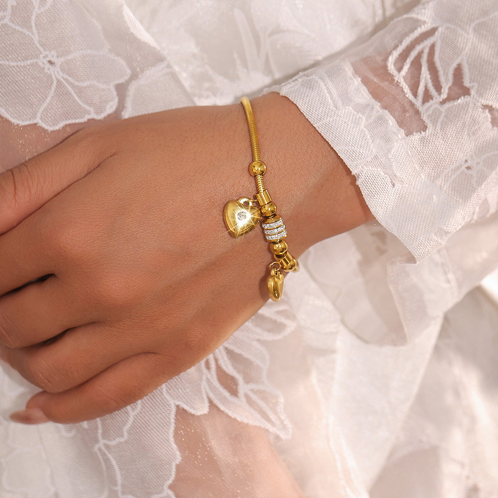 Double Heart Charm Soft Snake Chain Bracelet With Czech Rhinestones