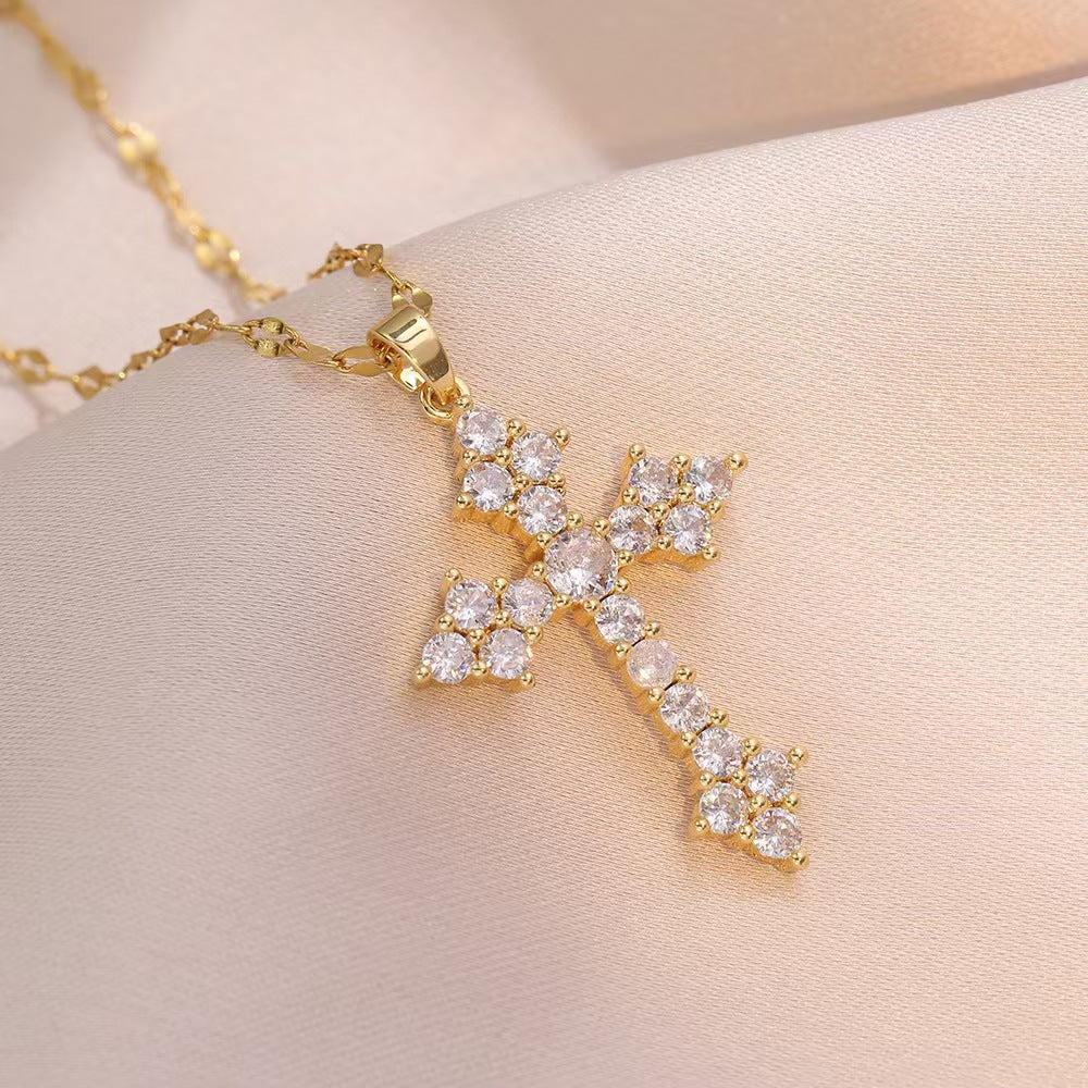 Zircon-Encrusted Cross Pendant And Zircon Chain