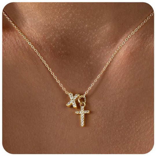 Zircon Inlaid 26 Letter Cross  Necklace