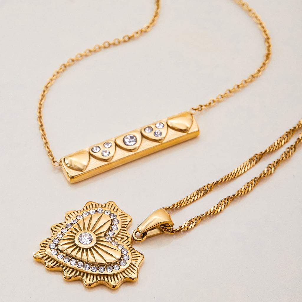 Gold Stainless Steel Necklace With White Diamond Heart