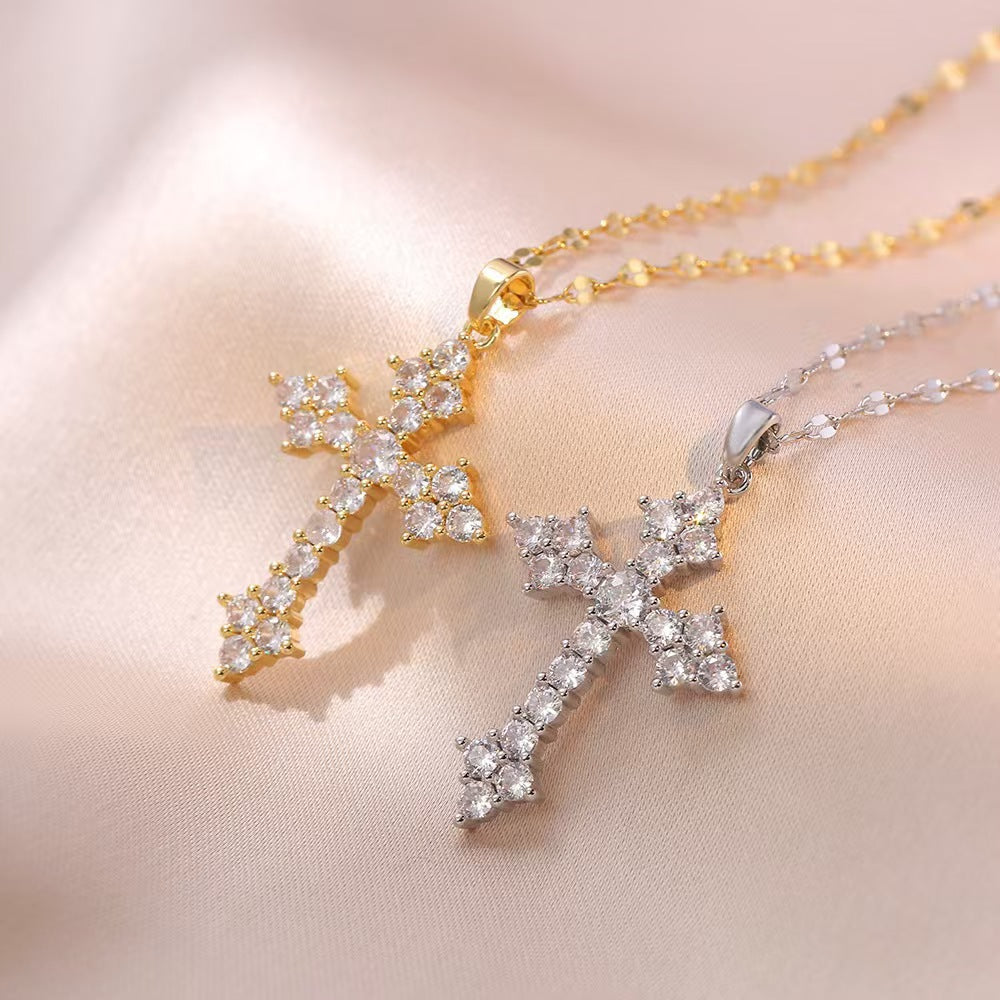 Zircon-Encrusted Cross Pendant And Zircon Chain