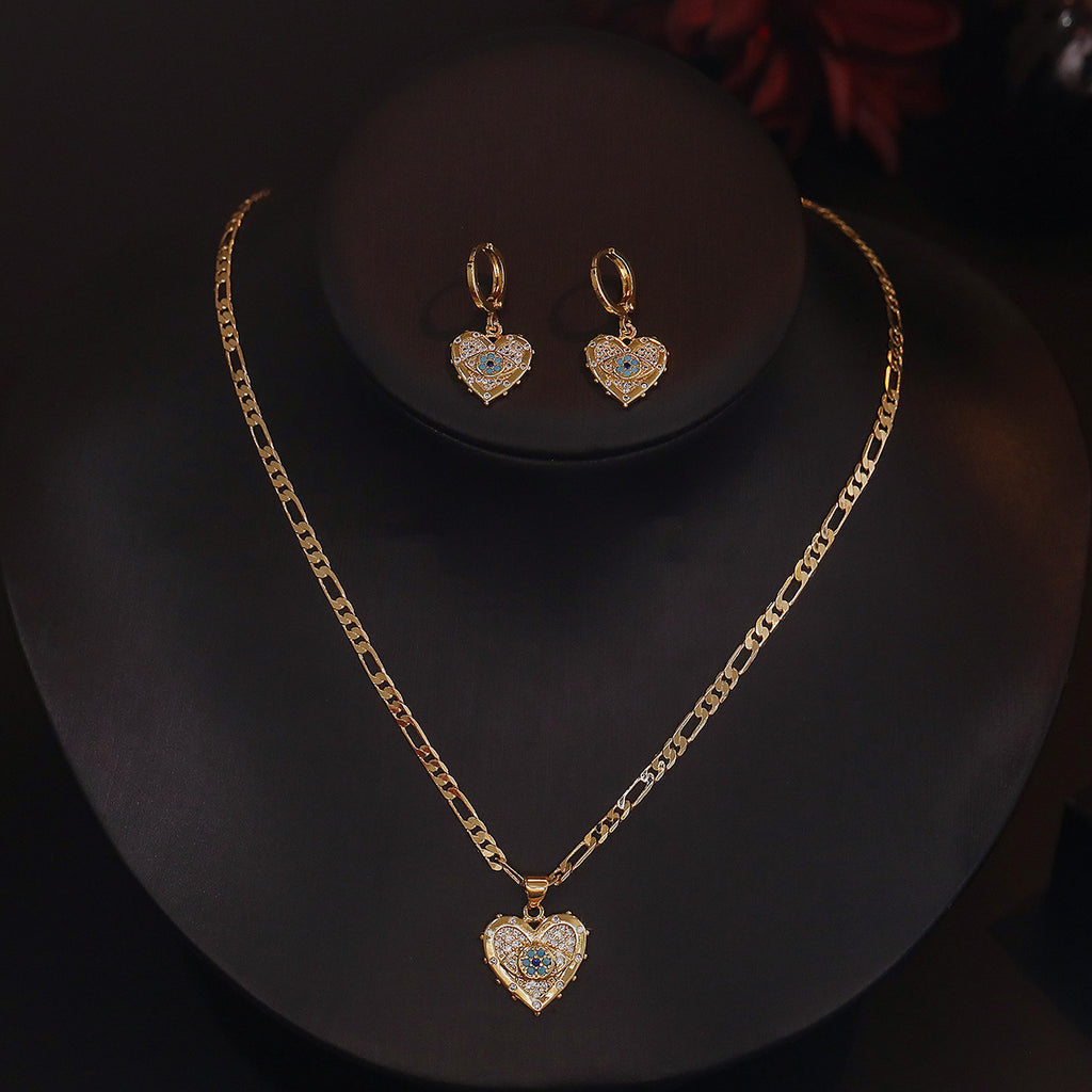 Copper Plated  Gold Heart-shaped Zircon Pendant Necklace And Earrings