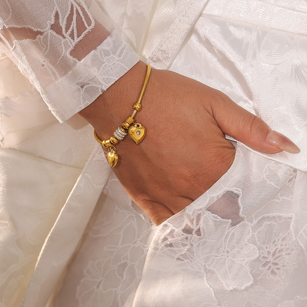 Double Heart Charm Soft Snake Chain Bracelet With Czech Rhinestones