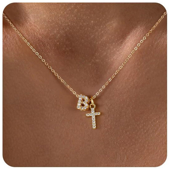 Zircon Inlaid 26 Letter Cross  Necklace