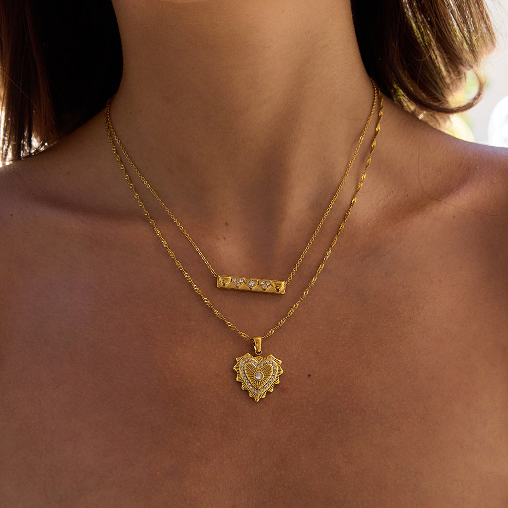 Gold Stainless Steel Necklace With White Diamond Heart