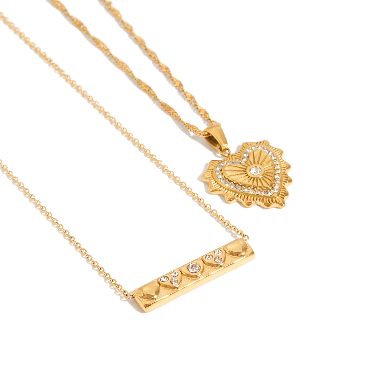 18K Gold Stainless Steel Necklace With White Diamond Heart And Square Pendant