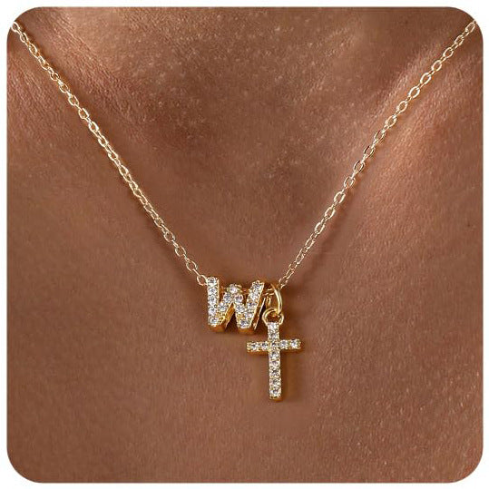 Zircon Inlaid 26 Letter Cross  Necklace