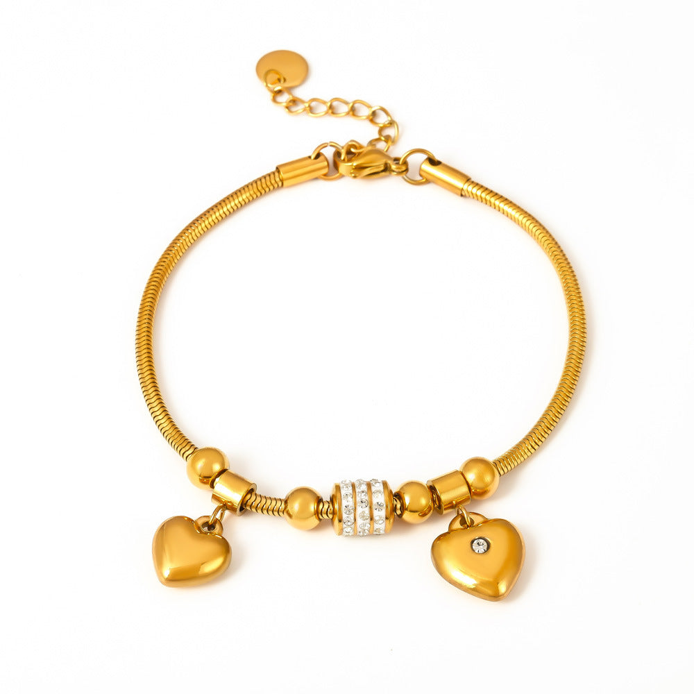 Double Heart Charm Soft Snake Chain Bracelet With Czech Rhinestones