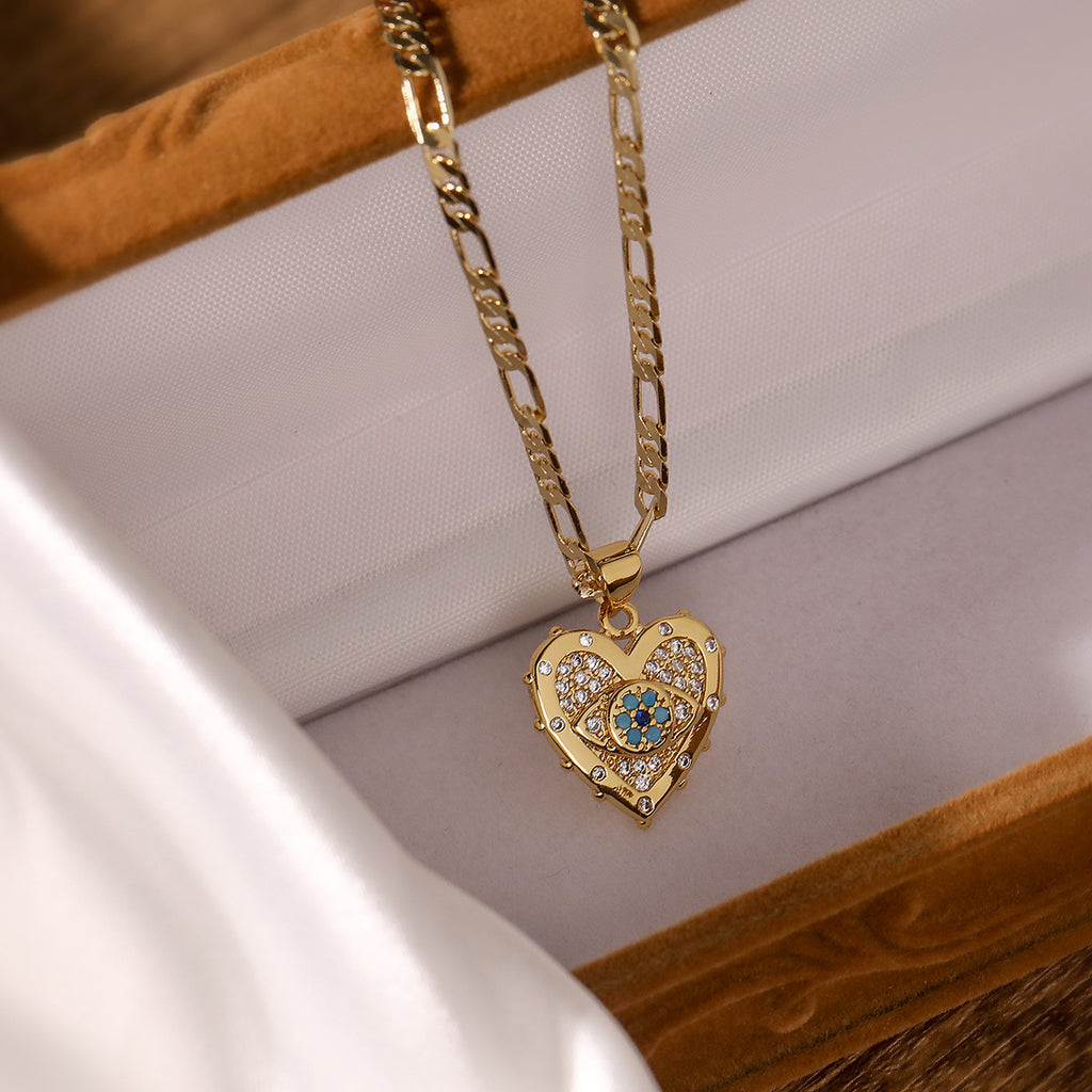 Copper Plated  Gold Heart-shaped Zircon Pendant Necklace And Earrings