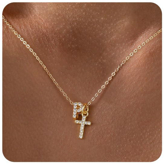 Zircon Inlaid 26 Letter Cross  Necklace