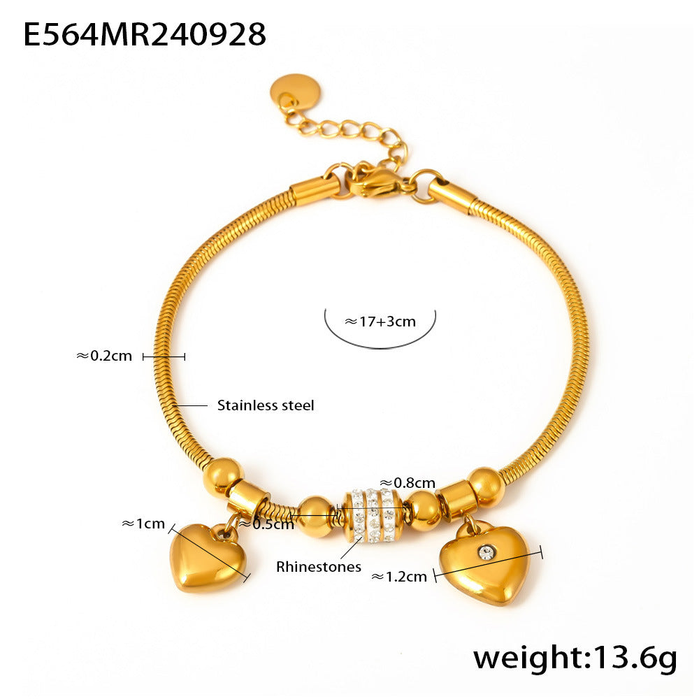 Double Heart Charm Soft Snake Chain Bracelet With Czech Rhinestones