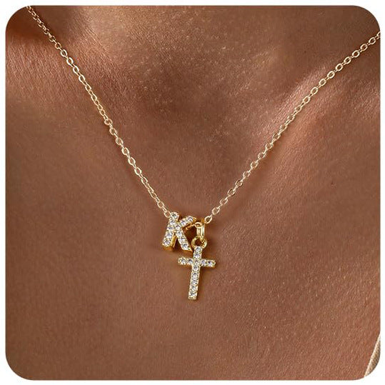 Zircon Inlaid 26 Letter Cross  Necklace