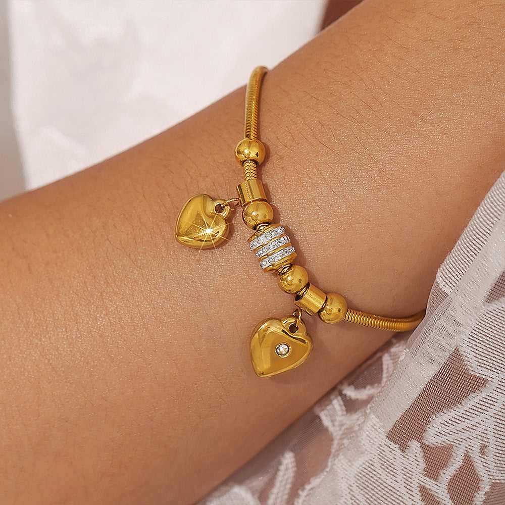Double Heart Charm Soft Snake Chain Bracelet With Czech Rhinestones