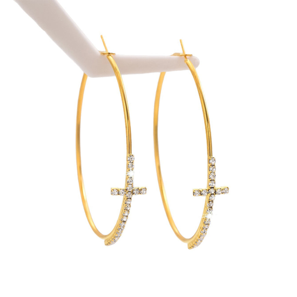 Exaggerated Rhinestone Cross Hoops